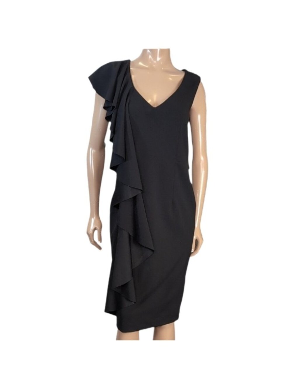 💠Bailey Ruffle V-Neck Sheath Dress Draped Asymmetric Black Womens Size Medium